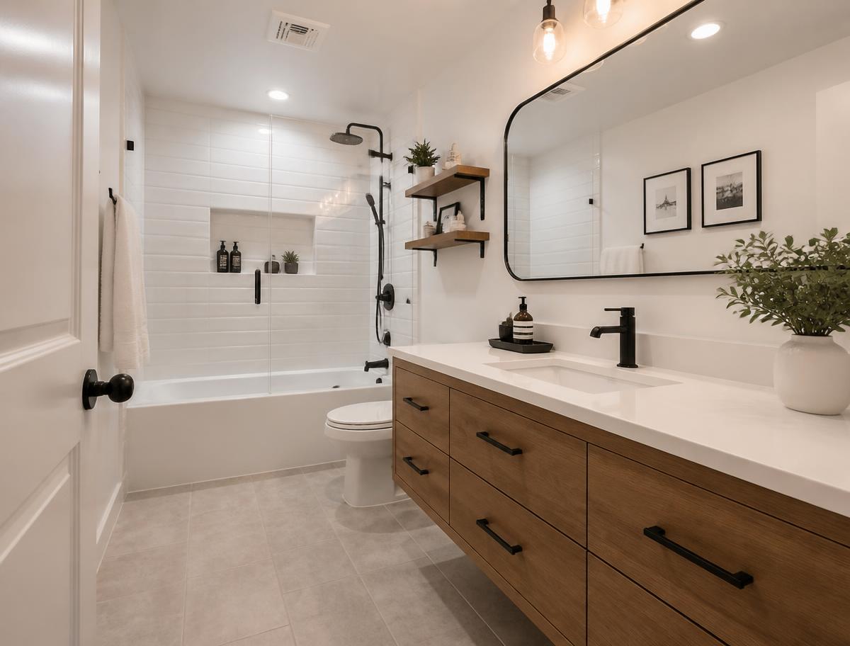 Renovated bathroom with white tile shower surround and floating wood vanity
