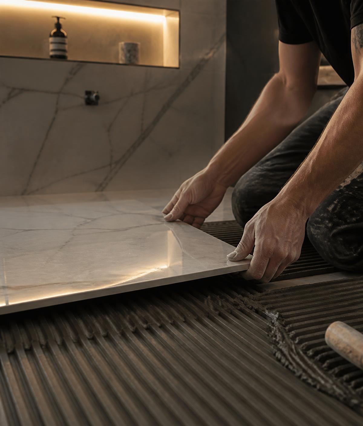 Craftsman setting a large-format tile during a bathroom remodel