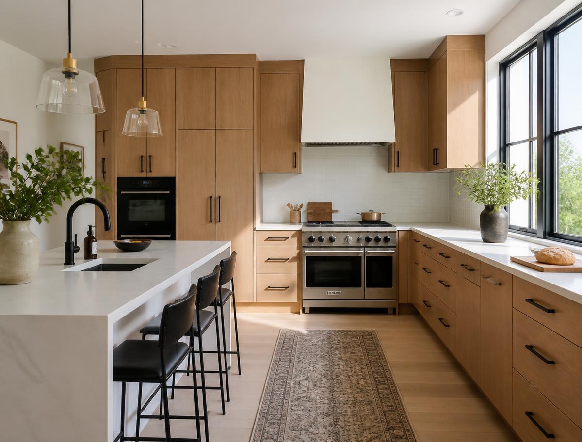 Remodeled kitchen with white oak cabinetry and quartz island