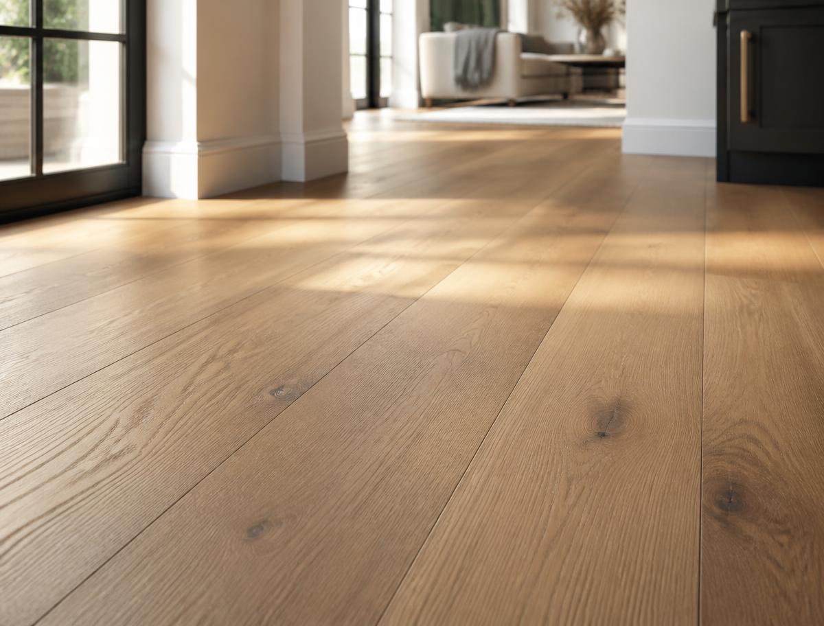 Wide-plank hardwood flooring installed in a bright living room