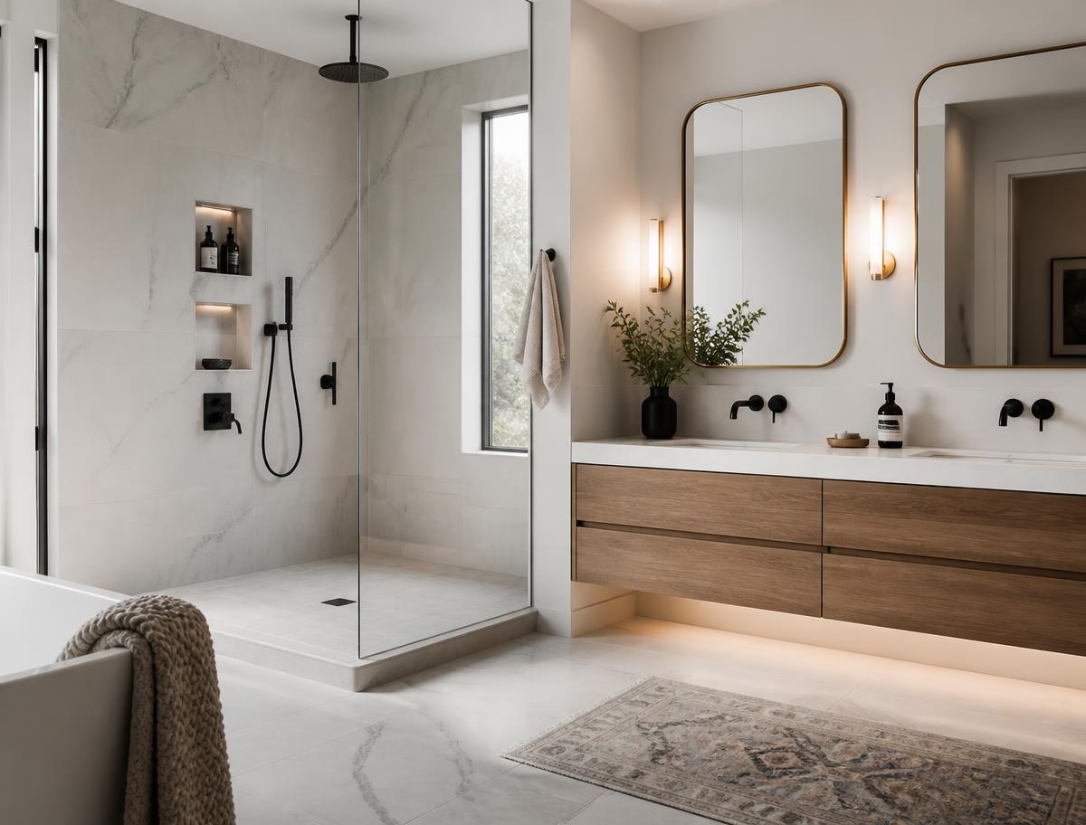 Luxury bathroom remodel with marble tile shower and floating wood vanity