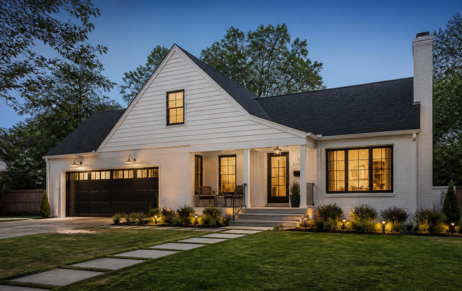 Renovated home exterior at dusk with warm lighting and clean landscaping