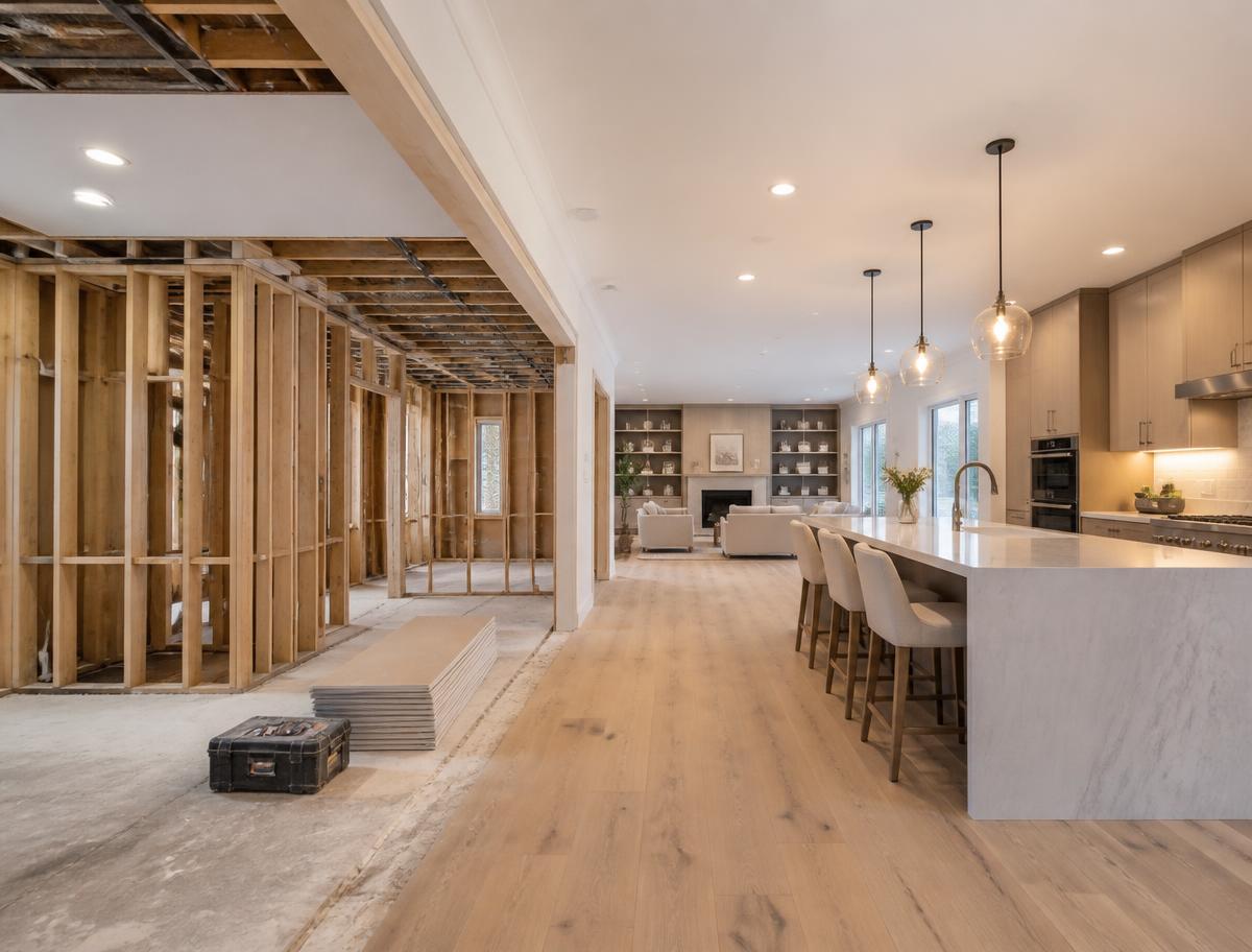 Whole home renovation in progress with framed walls beside a finished modern kitchen